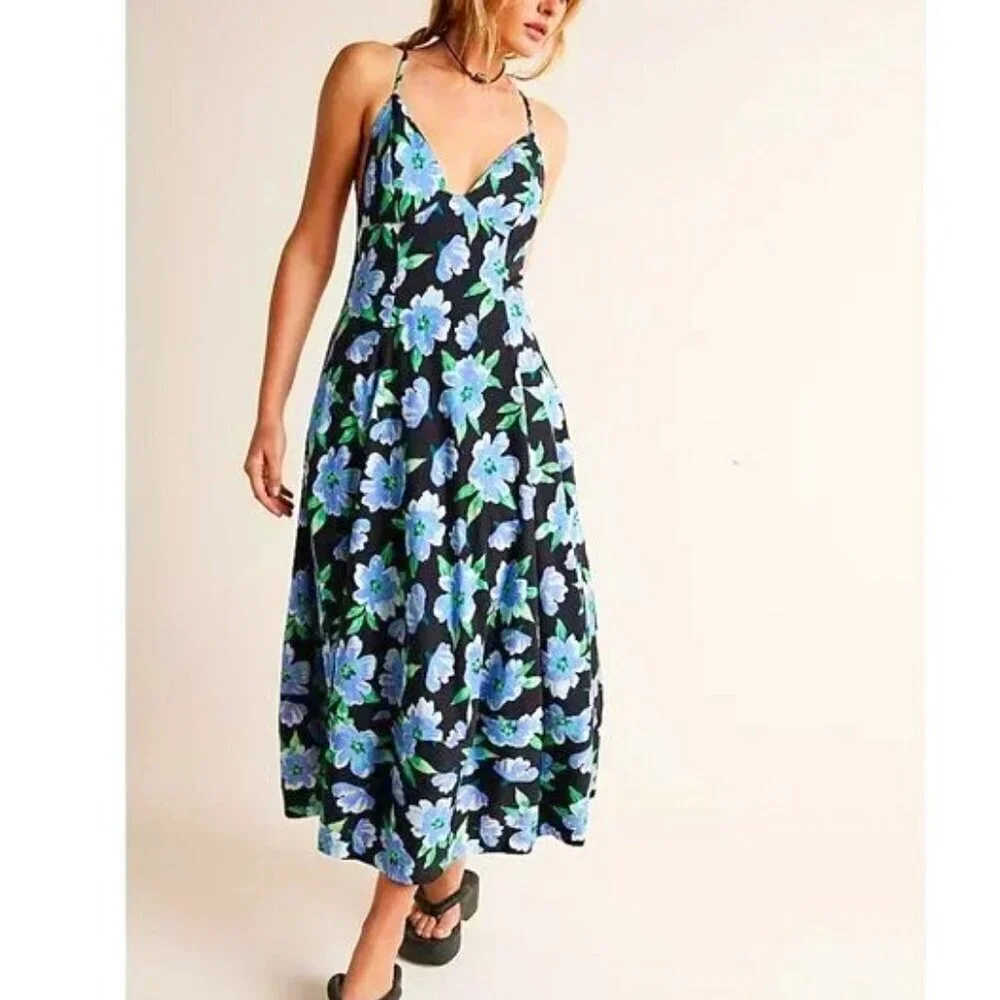 NWT FREE PEOPLE Finer Things Dress Black w Blue Floral Print Midi Sundress XS